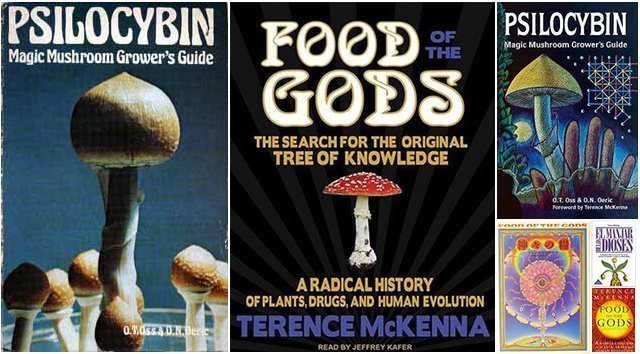 The McKenna brothers published their mushroom-growing guide using the pseudonyms O.T. Oss and O.N. Oeric. Also shown are audiobook/foreign editions of 'Food of the Gods' (1992).